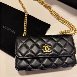 CHANEL Black Quilted Crossbody with Gold Chain